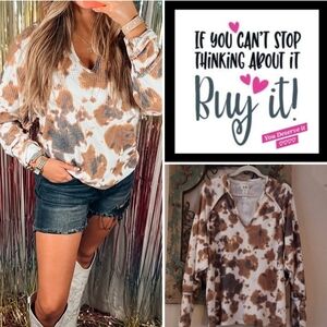 BiBi Long Sleeve Tie-Dye Top in Brown and Cream. Size XL
